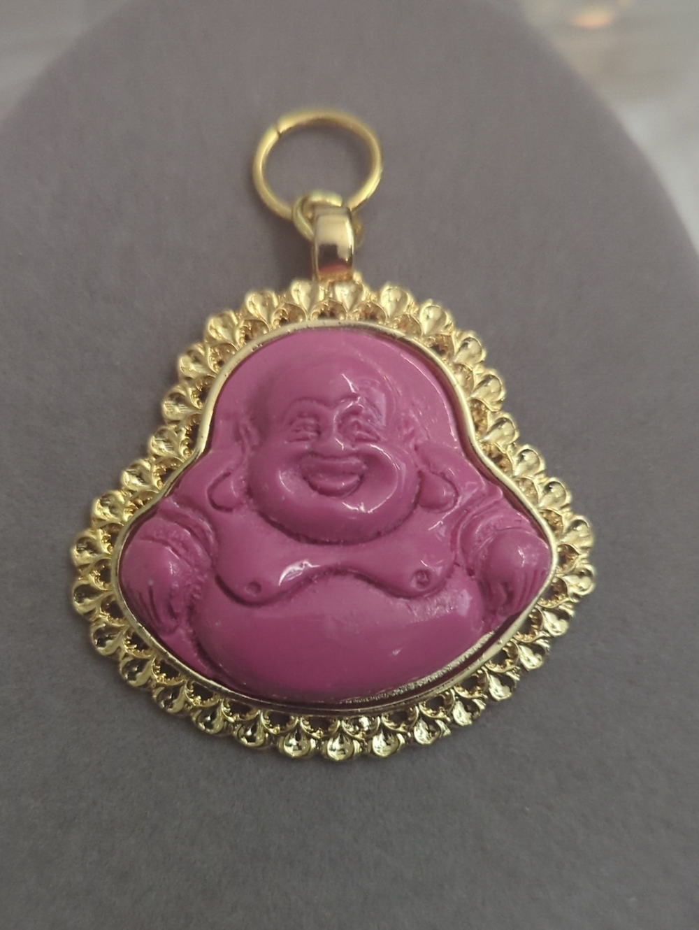 Gold-Trim Pink Laughing Buddha Pendant Necklace